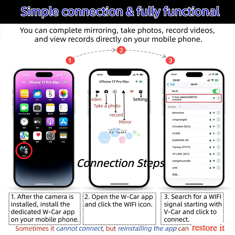 Wireless Backup Camera 1080P, 2.4GHz WiFi No Monitor Needed, License Plate Reverse Camera, 170° Wide Angle Night Vision IP68 Waterproof, Front Rear View for iPhone Android, Car SUV Van Pickup Metal License Plate Mount