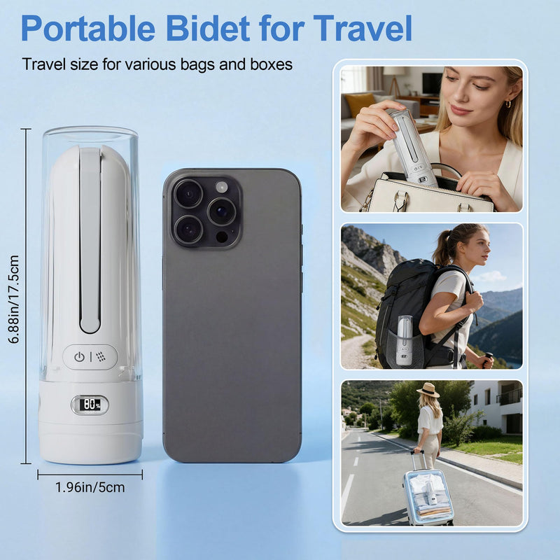 Electric Portable Bidet Toilet Aids Wiper Tool Set, White | 2-in-1 travel hygiene kit 15.7" extended length wiping tools 1600mAh Long-lasting Battery USB-C Rechargable IPX7 Waterproof