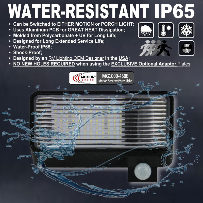 MG1000-450B, RV Exterior Mounted Bright LED Motion Sensor Porch Flood Light, Rated IP65 with INTELA-Sensor, Polarity Guard, Adjustable Sensitivity and EMI Suppression 1 Pac - MG1000-450B - (Lighting Fixture Only)