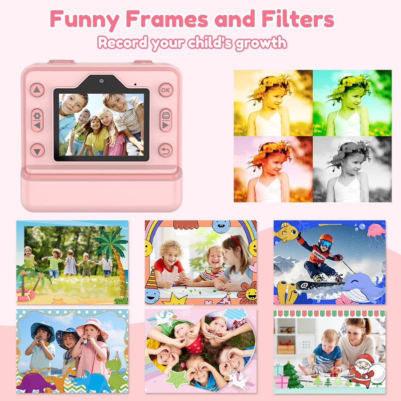 Kids Camera Instant Print, Dual-Lens Selfie Camera for Kids with 1080P Videos, 2.4 Inch Screen, 32GB SD Cards & 3 Rolls Print Paper, Christmas Birthday Gifts for Girls Age 3-12 Pink