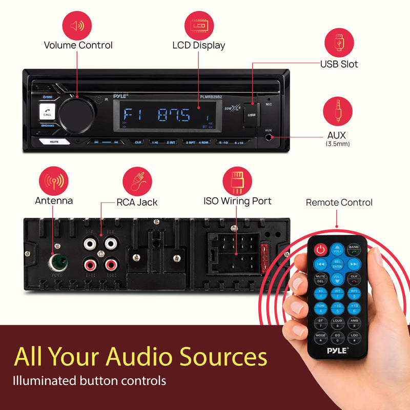 Pyle Marine Radio Stereo Receiver with Bluetooth MP3 Player - Single DIN Boat Audio System, AM/FM Tuner, USB/AUX Input, 30 Preset Stations, Hands-Free Calling, 350 W Power for Marine and Boat Use Charcoal