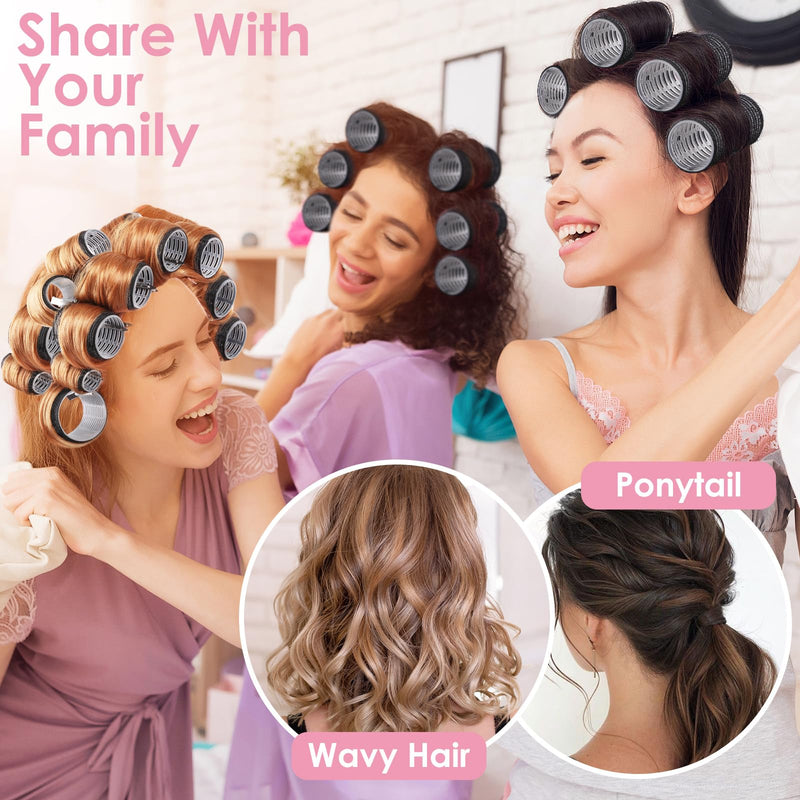 Hair Rollers Set, 49 PCS Curling Set Includes 24 Self-Grip Rollers, 12 Hair Pins, 12 Sectioning Clips & Comb, No Heat Hair Curlers for Volume, Waves & Styling at Home Black