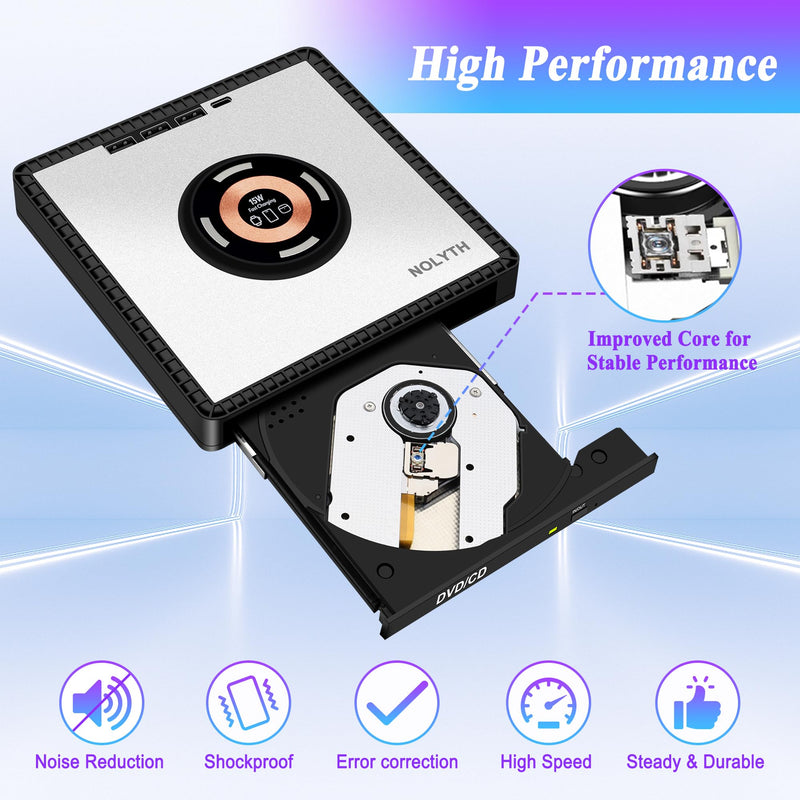 External CD Drive for Laptop: with 15W Wireless Charger Plug & Play | Optical DVD Burner for Apple Mac Linux Windows PC, Portable DVD Player Disc Reader with 3 USB3.0 Ports 1 USB C, 1 TF&SD Port