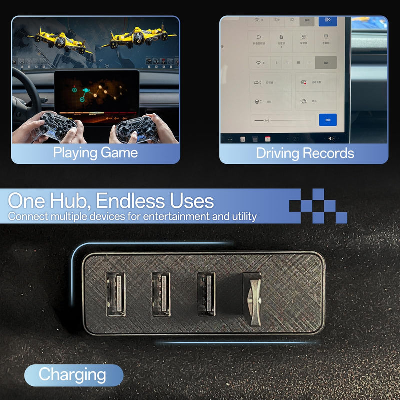 USB Hub for Tesla Model Y Juniper 2025 2026 Model 3 Highland 2024 2025, 4 in 1 Glove Box USB 3.0 Expander Glovebox Docking Station for Dashcam Flash Drive Charging Data Transferring Game Music