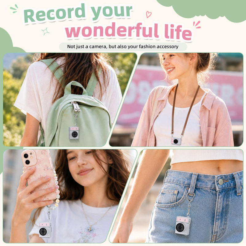 Mini Keychain Digital Camera, Pink Mini Camera with Flip Screen, 1MP 1080P Small Camera, 8GB Card, Video Recorder, Long Battery Life for Travel, Party and Vlog