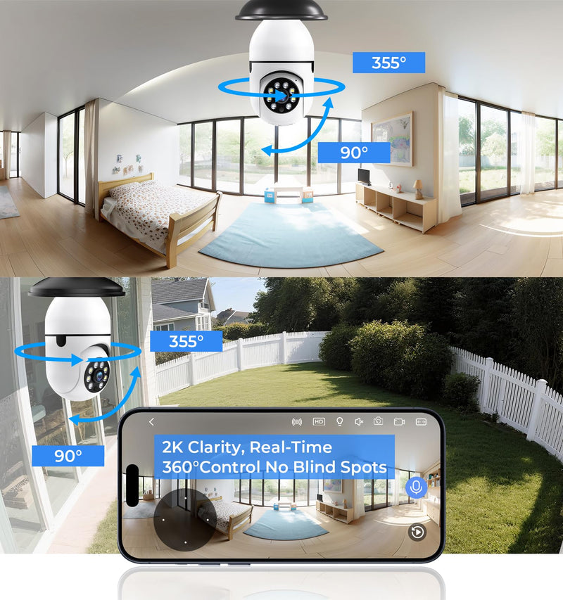 Light Bulb Security Camera Outdoor, 2K 5GHz & 2.4GHz WiFi Bulb Cameras for Home Security, 360° PTZ Wireless Cam with AI Human Detection, Color Night Vision, 2-Way Talk, Screw-in Light Socket 2pack 3MP