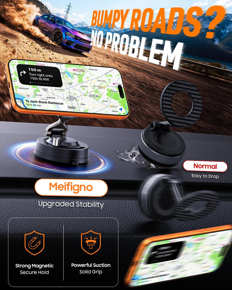 Meifigno for Magsafe Car Mount, [Metal Alloy Arm] Strongest Vacuum Suction & Magnetic Phone Holders for Your Car, Adjustable Car Phone Mount, Car Accessories for iPhone 17 16 15 14 13 12& Android | Adjustable Car Phone Mount, Magnetic Phone Holders for...