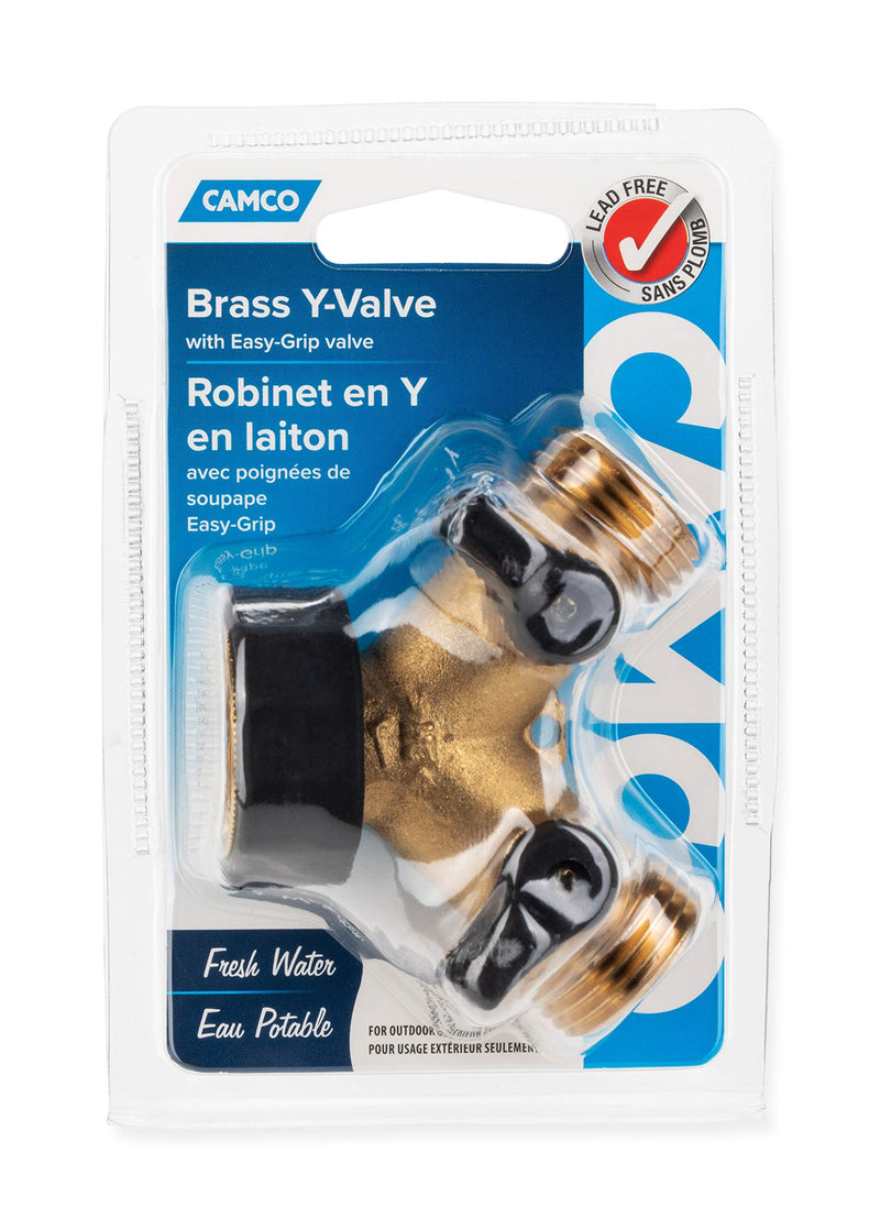 Camco Solid Brass Water Wye Valve- Easy Grip Valve Handles and Simple Water Hose Connection CSA Low Lead Certified - (20123) No Size