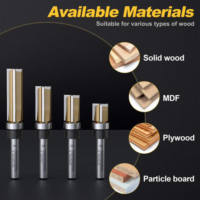 Professional Pattern Flush Trim Router Bits Set, 1/4" Shank Bottom Bearing, 3-Blade Carbide Tipped Woodworking Router Bits for Precision Edge Trimming, Cutting Length: 1/2", 3/4", 1", 1-1/2" 4PCS