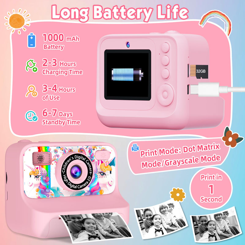 Kids Camera, Upgrade Kids Camera Instant Print, Front Rear Dual Selfie Digital CAM with 1080P Videos, Portable Travel Toy with Games and Music, Christmas Birthday Gift for Boys, Girls and Teens Pink