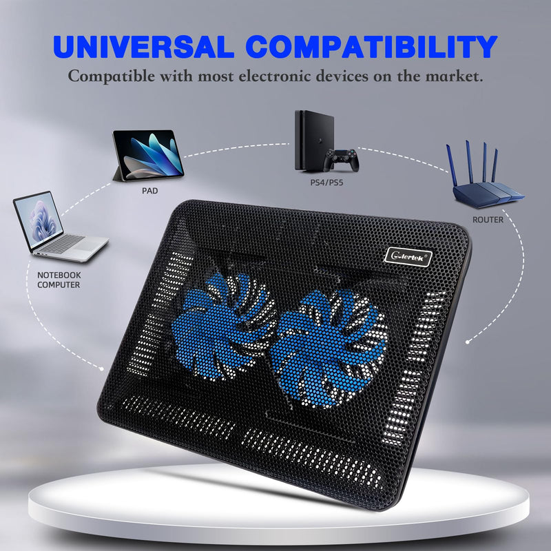 Laptop Cooling Pad, Coolertek Portable Slim Quiet Laptop Notebook Cooler Cooling Pad Stand with 2 Blue LED Fans, USB Powered, Adjustable Angled, Fits 11-14 Inch Laptop Blue Light -2 fans