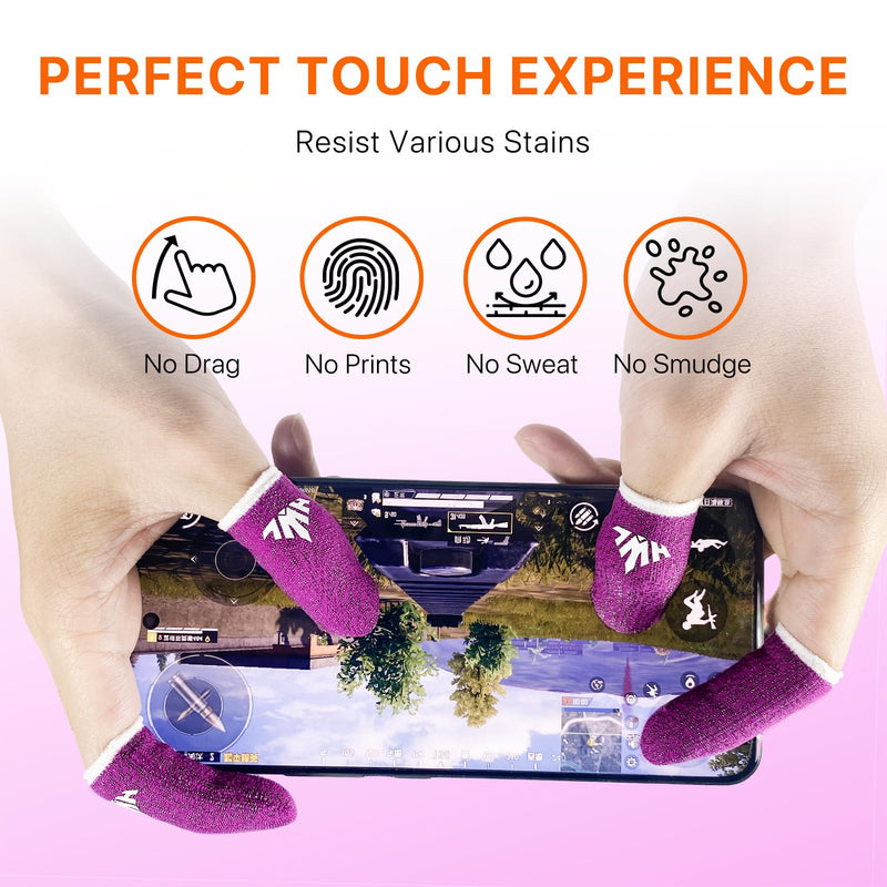 JWH 16 PCS Mobile Gaming Finger Sleeves for Dedales Gamer Profesionales Silver Fiber Thumb Sleeves with Pubg Controller Anti Slip Sweat Proof Finger Gloves with High Sensitivity Touchscreen for FPS 8XRose red+8XPurple+Box+Triggers