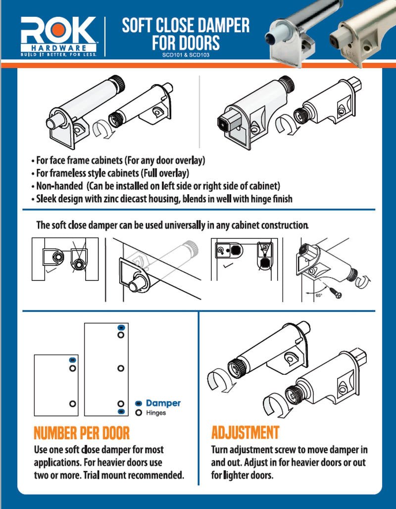 10 Pack Rok Hardware Soft Close for Cabinet Doors/Metal Soft Close Adapter/Damper/Hardware/Zinc/Hinge/European Made! SCD101 10 Pack