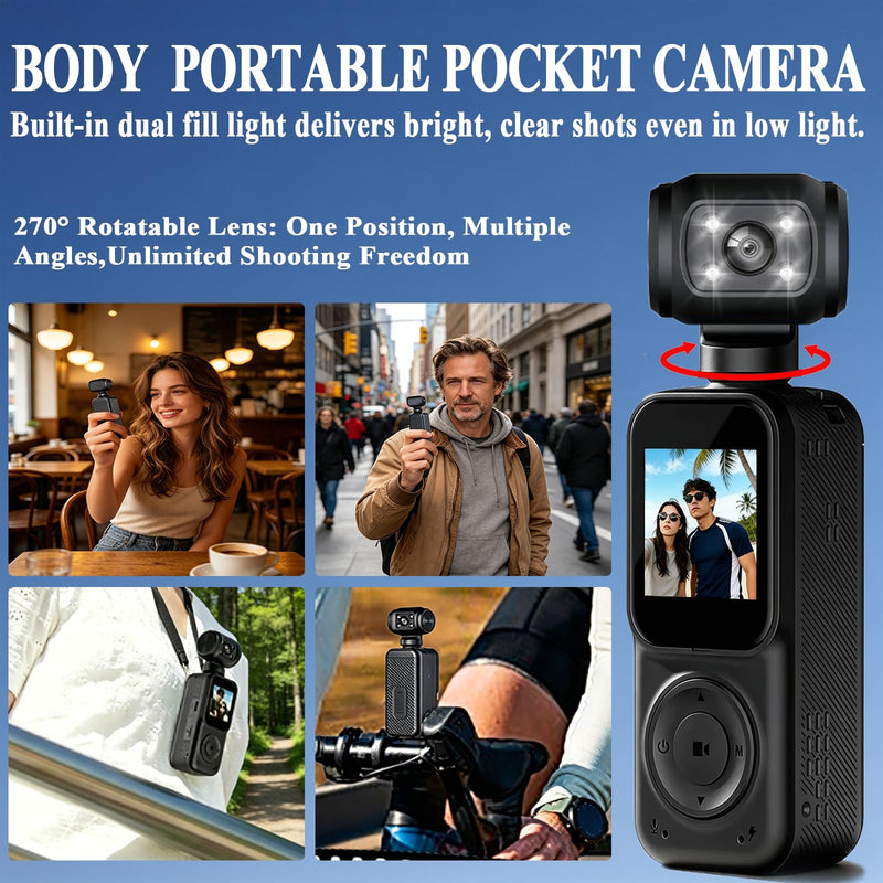 Pocket Camera 4K Output, WiFi Body Cameras with Audio and Video Recording, Dual Light&7 Hour Battery (Deep Black) Deep Black
