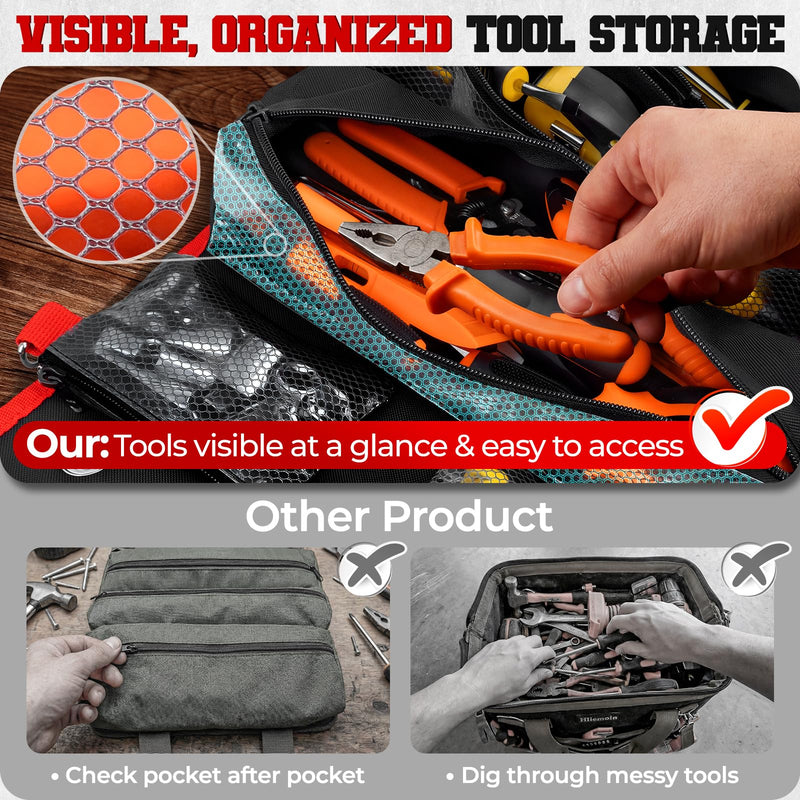 Roll Up Tool Bag, Heavy Duty See-Through Tool Roll Organizer with 2 Detachable Pouches, Portable Mechanic & Motorcycle Tool Bag, Birthday & Father’s Day Gift, Red