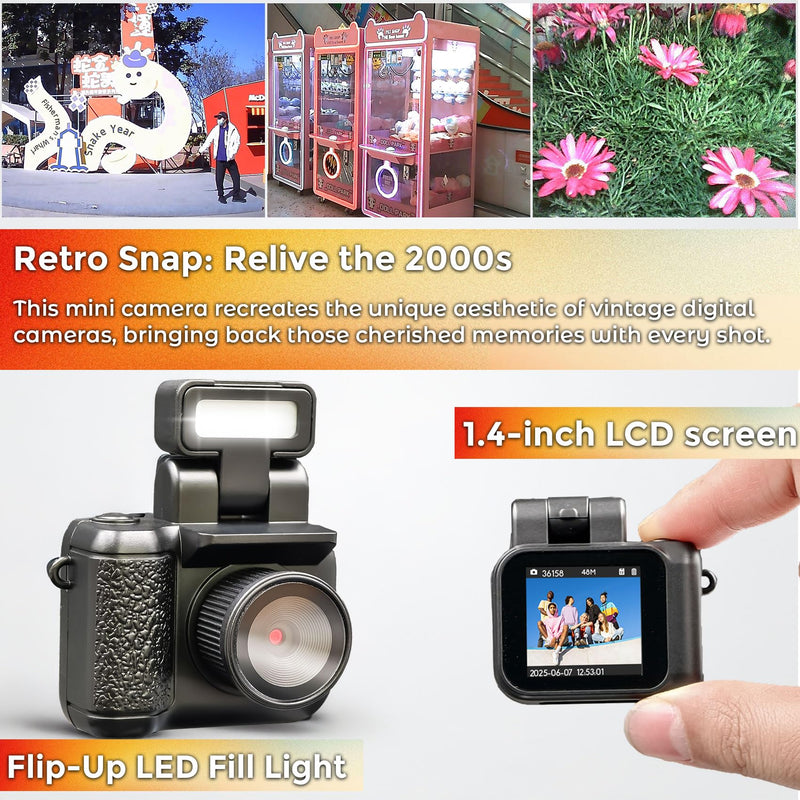 Small Digital Camera Keychain with Flash Light 1080p Tiny Camera Mini Retro Micro 1.4 in LCD Screen 32GB Card Charging Base Compact Portable Recorder for Travel Study Recording (Black) Black
