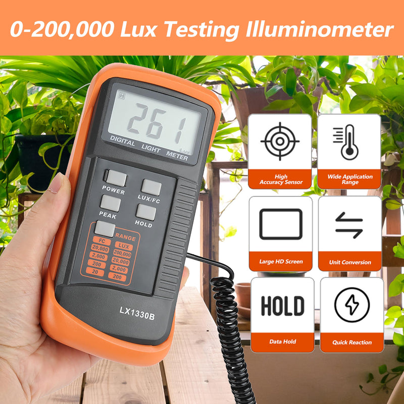 Light Meter LX1330B Illuminance Digital Luxmeter LCD Display 0-200,000 Lux Meter Digital Illuminance Luminometer Lux and FC Switchable