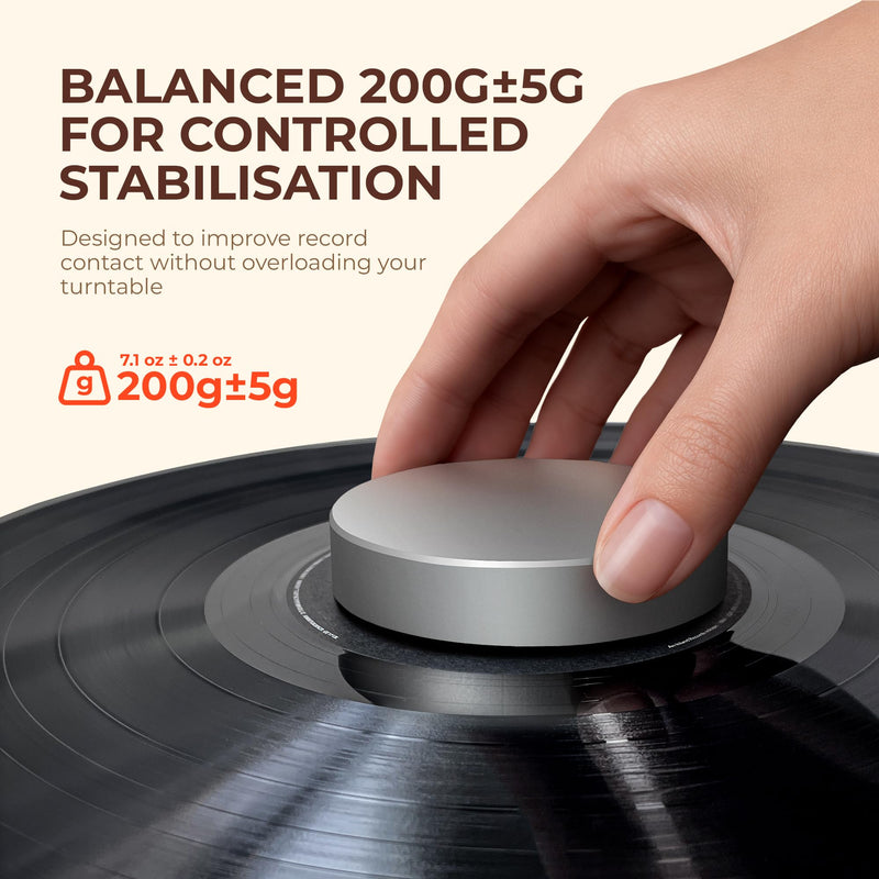 Turntable-Safe 7.1±0.2 oz (200±5 g) Aluminum Record Weight Stabilizer | Balanced Vinyl Record Weight, Low-Profile Design, Soft Velvet Felt Damping Base, Reduces Micro-Vibration & Resonance, Silver Sliver