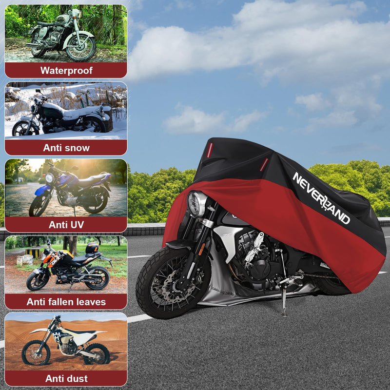 NEVERLAND Motorcycle Cover Waterproof Outdoor, 300D Motorcycle Cover Heavy Duty Outdoor All Season Protection, Universal Motorbike Cover with Night Reflective, Lock-Holes, Storage Bag (Up to 86") L(Up to 86")