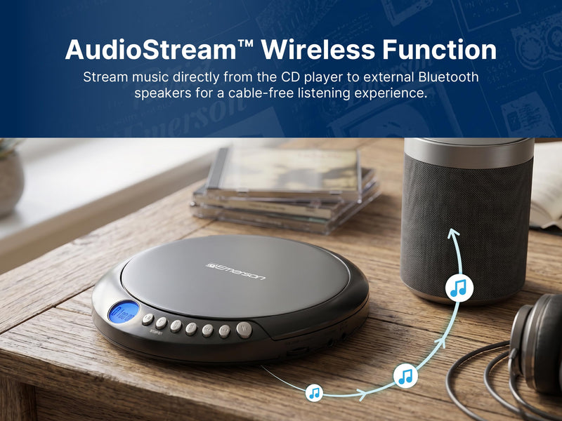 Emerson EPCD-2003 Portable CD Player with FM Radio, Bluetooth 5.3 AudioStream™, 60-Second Anti-Shock, 20-Track Memory, LCD Display, Dual Power (Micro-USB/Battery) & Earphones Included Gray