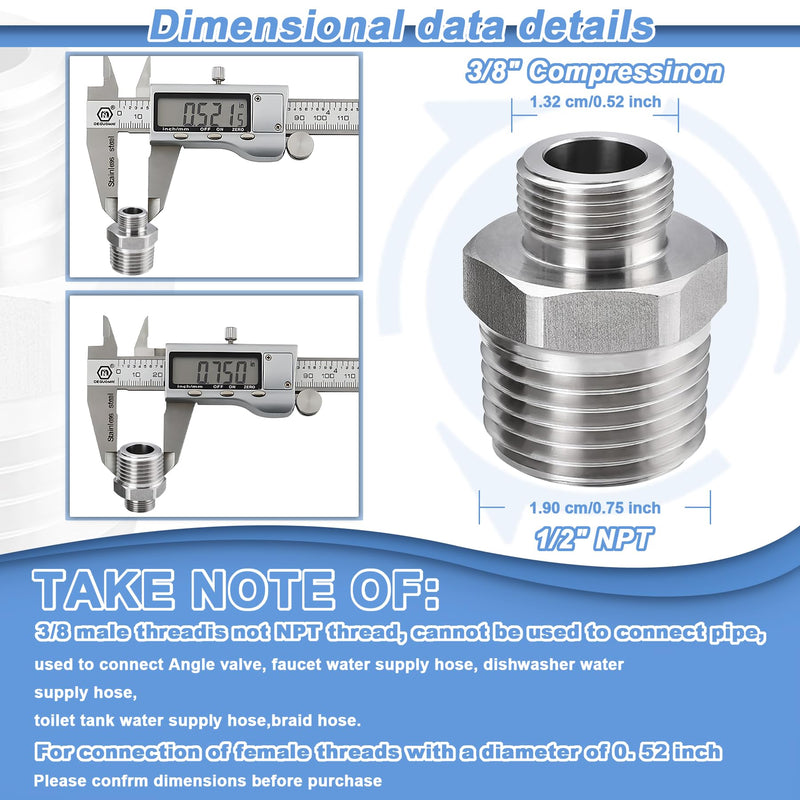 1/2 to 3/8 Reducer Faucet Adapter, 304 Stainless Steel 3/8 Male to 1/2 Male Compression Fittings for Water Supply Fitting for RV Kitchen Piping, Water Hose Pipe Connector with Rubber Washer(2 Pack) 1/2 Male to 3/8 Male