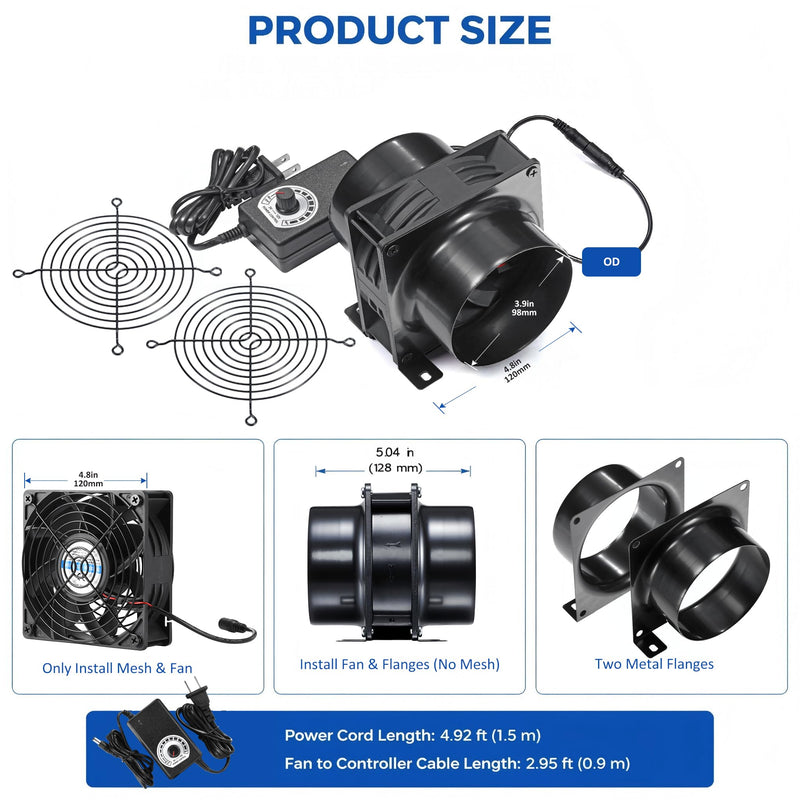 4" Axial Exhaust Fan, DC12V Air Fume Smoke Extractor | 120*38mm Muffin Fan, 3000RPM, AC Dimmer, 4inch Metal Flanges, DIY Kit for Soldering, 3D Laser, Paint Booth Metal Black Fan (Variable Speed) - DC Powered