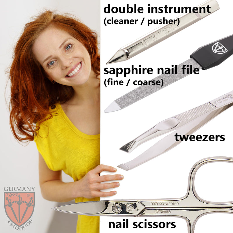 3 Swords Germany - brand quality 3 piece manicure pedicure grooming kit set for professional finger & toe nail care scissors tool genuine leather case in gift box, Made in Solingen Germany BROWN