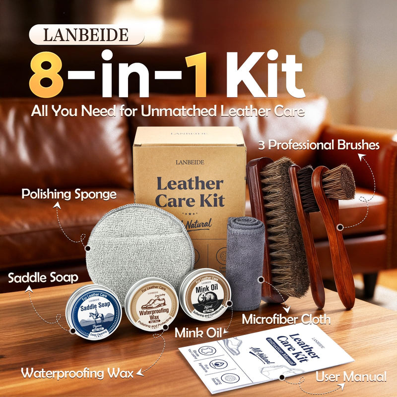 LANBEIDE Leather Boot Care Kit, Boot Cleaning & Shine Kit – Includes Saddle Soap, Mink Oil Conditioner, Waterproofing Wax, and Brushes for Men & Women Cowboy Boots