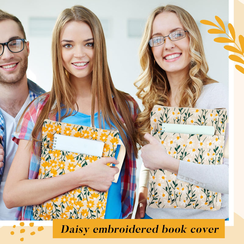 2 Pcs 12''x9'' Embroidered Daisy Book Sleeve with Handle Zipper for Women Washable Fabric Flower Book Sleeve Pouch for Paperbacks Hardcover, Christmas Gift for Reader Teacher