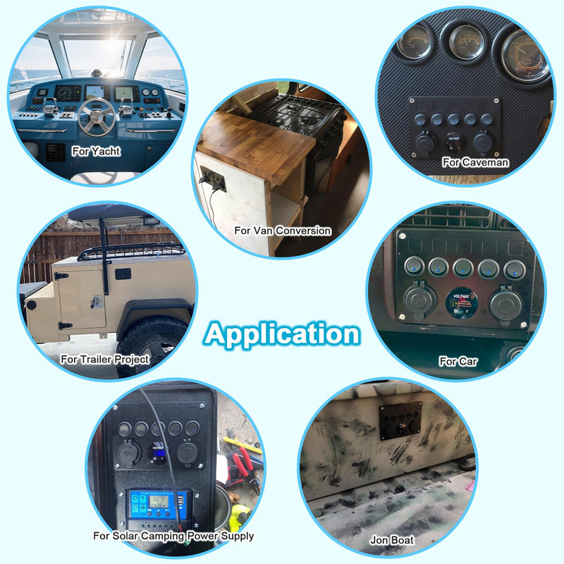 Upgraded 5 Gang Rocker Switch Panel - Type-C/QC 3.0 USB, Digital Volmeter, 12V Outlet, Pre-Wired with Circuit Breakers for RV/Car/Boat/Truck, 2-Year Warranty (Blue) Blue