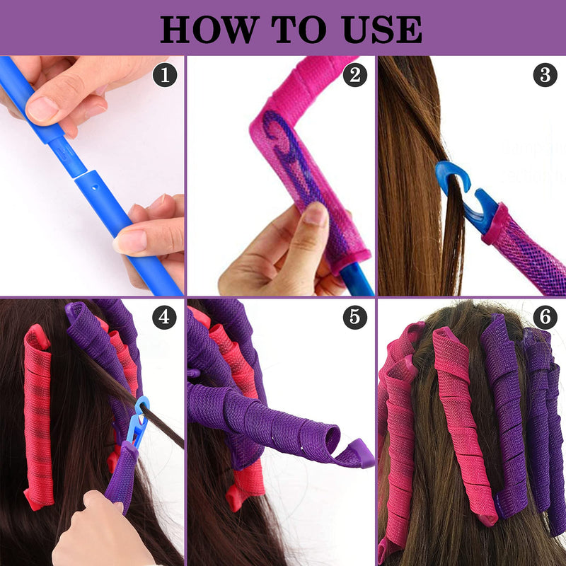 42pcs No Heat Hair Curlers Heatless Spiral Curlers with 2 Sets Styling Hooks 22inch/55cm Magic Hair Rollers No Heat Damage DIY Styling Kit for Women Kids Long Medium Hair Pink