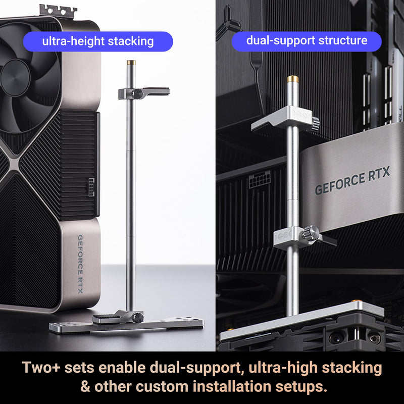 Stackable Aluminum GPU Anti-Sag Bracket for 120mm Fans | Silver bracket, -15/0/15 adjustment & stackable design. Forward/reverse install, fits with or without 120mm fan