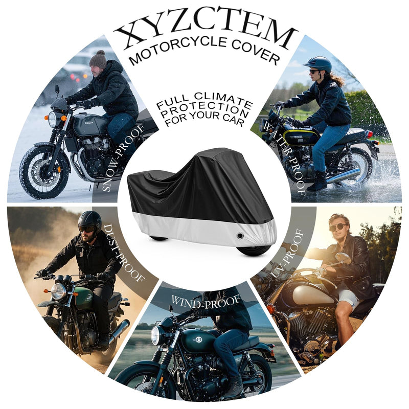 Motorcycle Cover Black All Season Waterproof Sun Outdoor Protection, Fits up to 91" Motorcycle Vehicle Cover (L Large & Lockholes & Storage Bag) 91"