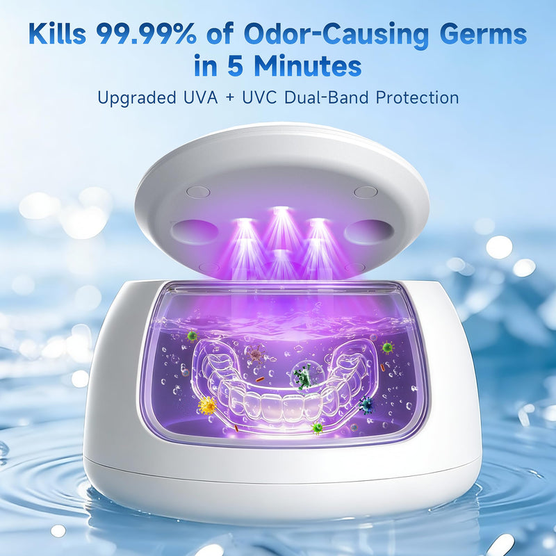 Ultrasonic Retainer Cleaner with UV Light - 45kHz Deep Cleaning Pod for Dentures, Aligners, Night Guards - Includes Cleaning Brush, 200ml Capacity (White) white