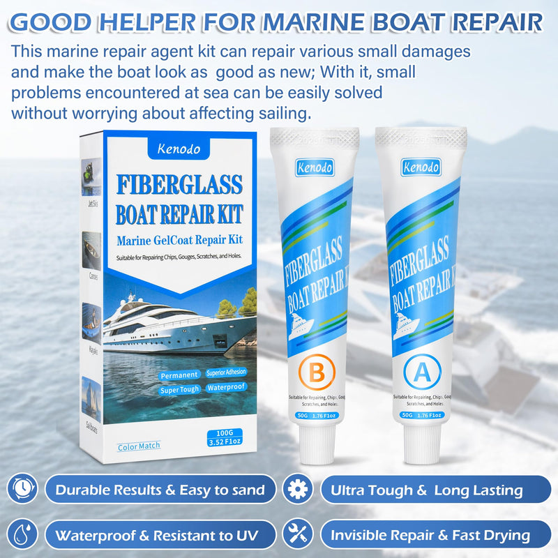Marine Fiberglass Repair Kit for Boats, Gel Coat Kepair kit for Boats, Epoxy Filler for Repairs Cracks, Scratches, Debris, Holes, Gaps, Suitable for Fiberglass, Acrylic, Porcelain 100g-1.76oz
