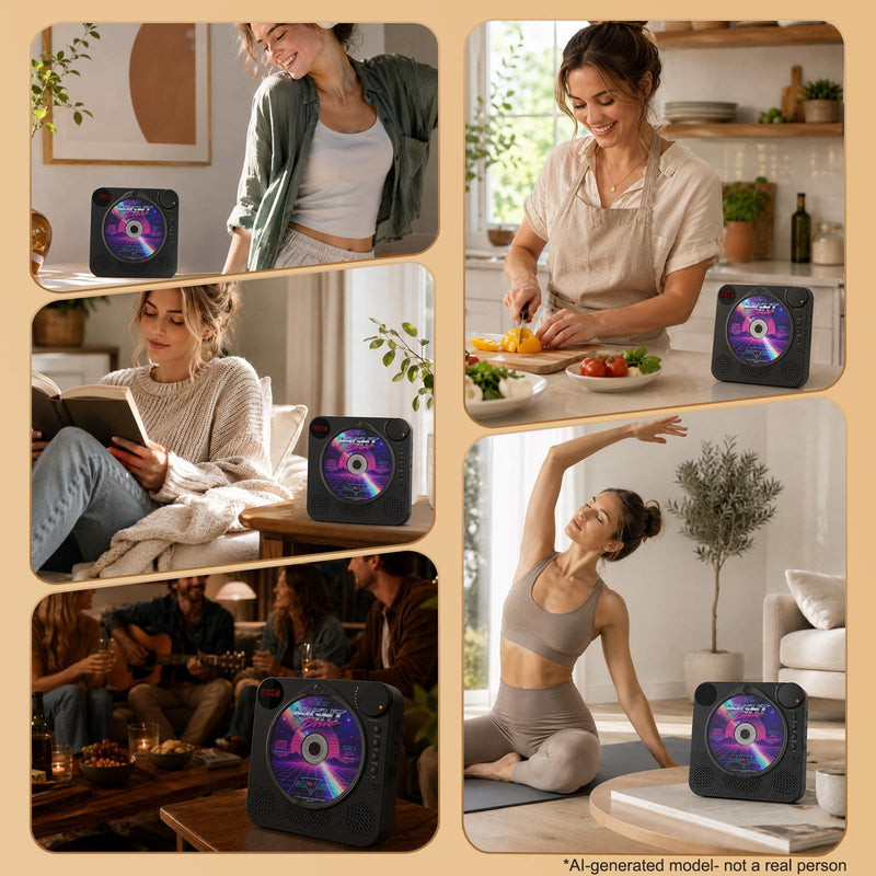 Portable CD Player with Bluetooth 5.4 for Daily Home Use & Gift,Exercise | Desktop CD Players with HiFi Speakers, LED Display, Remote Control, Charging Cable, Timer, FM Radio, USB, AUX, Headphone Jack Black