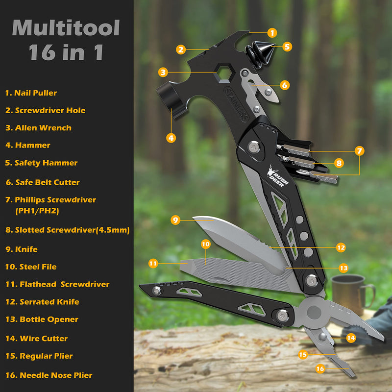 Rush Deer Camping Essentials Multitool,16 in 1 Multi Tool Survival Gear with Hammer, Pliers, Knife, Screwdrivers, Bottle Opener & Car Safety Hammer, for Camping, Hiking, Gift for Dad Him Upgraded Version