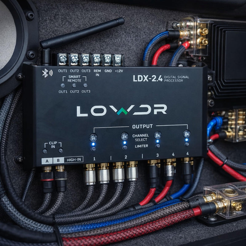 LOWDR Car Audio LDX 2.4 Digital Signal Processor and Equalizer, 4 Output 2 Input DSP with Bluetooth App Control, Parametric EQ, Crossover, and Limiter