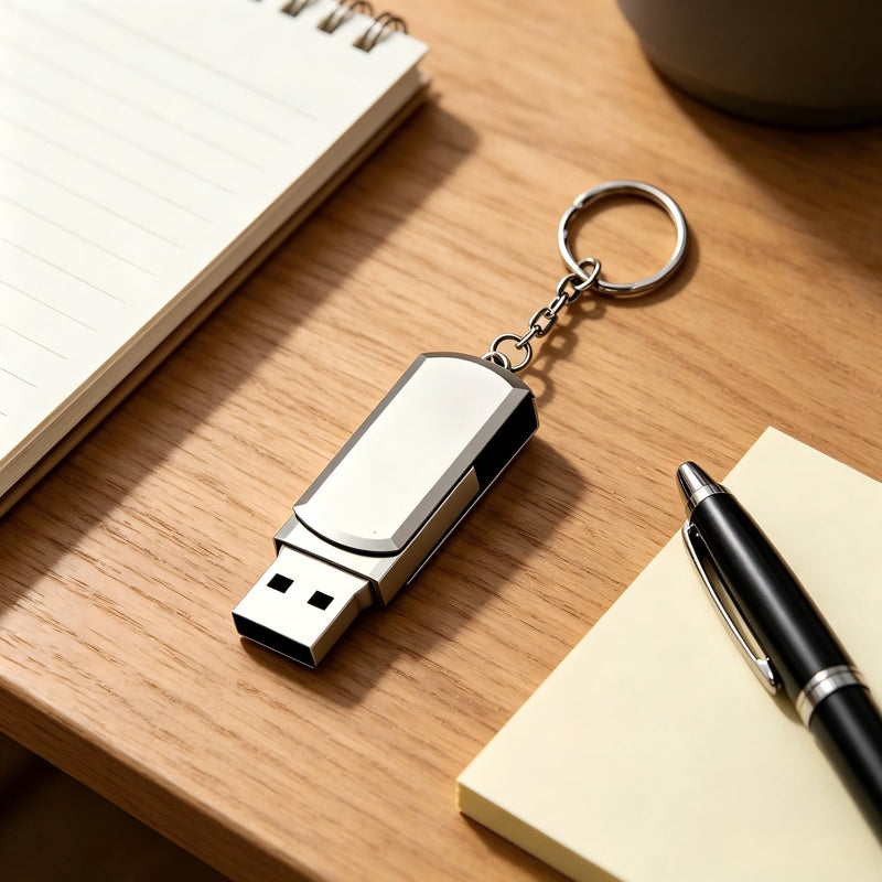1Pcs 8GB Silver Sleek Swivel Metal USB Flash Drive with Keychain | Portable Compatible High-Speed