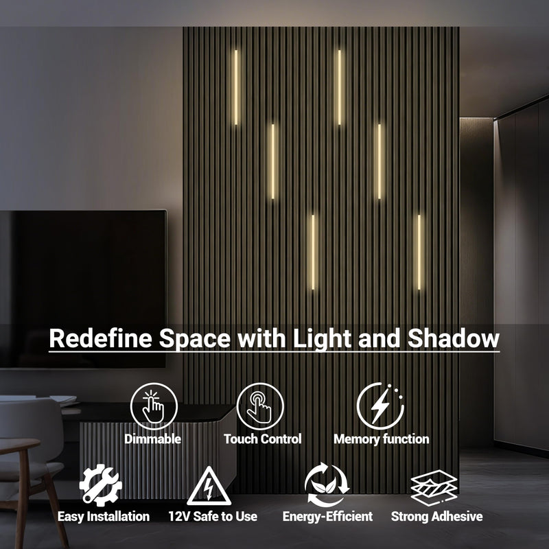 HAMRVL Black Wall Panel Lights, 6PCS 16-Inch 3000K Warm White Wall LED Lights Strip with Touch Switch, Self-Adhesive Dimmable Slat Wall Lights for Wood Slat, Bedroom Fluted Panel, Kitchen Cabinet Black - Warm White 3000K 16" × 6