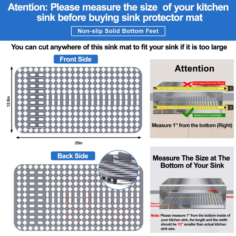 ARLBA Upgraded Silicone kitchen sink mat Rear Drain/Center Drain, 25" x 13" Sink Protector Mat Rubber Sink Rack for Kitchen Sink,Silicone Sink Mats for stainless Steel Sink Farmhouse Sink Accessories