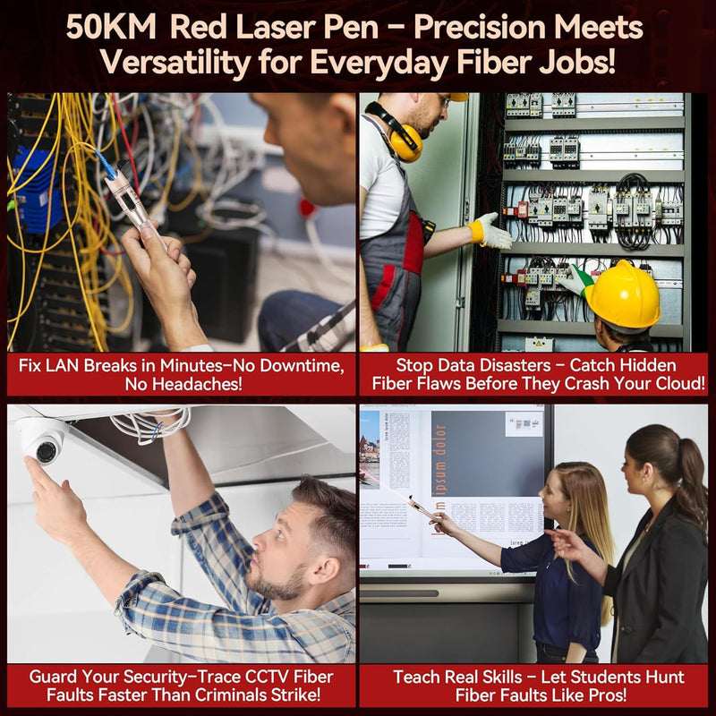 Visual Fault Locator Kit - 50KM Range Fiber Optic Cable Tester Tool Kit Red Light Pen Tester with 2.5mm Universal Connector 2pcs FC-LC Adapters 1pc LC/SC/FC Coupler 3 x 1.5m Patch Cords RAINLEOTI VFL-50