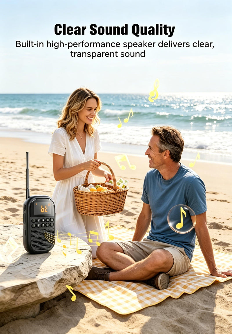 Longben AM FM Portable Pocket Radio Personal Radio Supports Bluetooth 1100mAh mini Speaker Stereo Earphone, Sleep Timer (Beige) Beige
