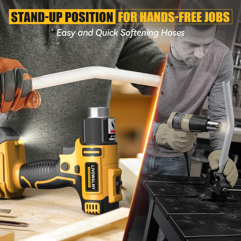 LIVOWALNY Cordless Heat Gun Compatible with Dewalt 20v Battery (Tool Only), 350W Fast Heating Soldering Hot Air Gun 122℉-1022℉ Variable Temperature Control with 5 Nozzles for DIY Craft, Shrink Tubing HeatPro Core Yellow -De