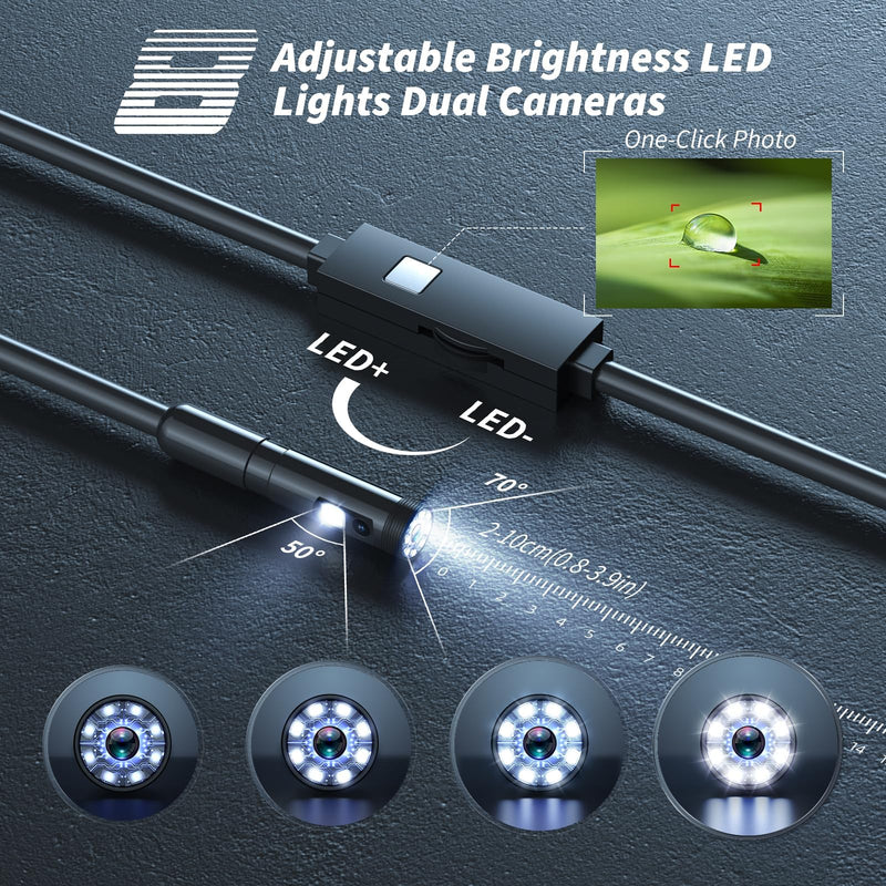Endoscope Camera with Light,1920P HD Borescope Tools with 8 Adjustable LED Lights, Endoscope with Semi-Rigid Snake Camera, IP67 Waterproof Inspection Borescope for iOS and Android-16.4ft Dual-Lens 16.4ft