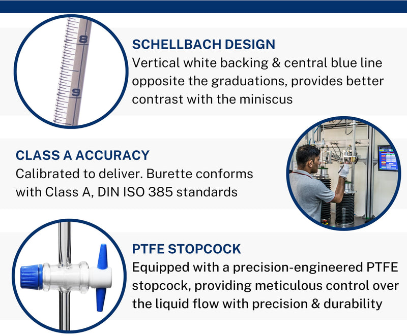 EISCO 100ml Schellbach Glass Burette - Class A - PTFE Stopcock