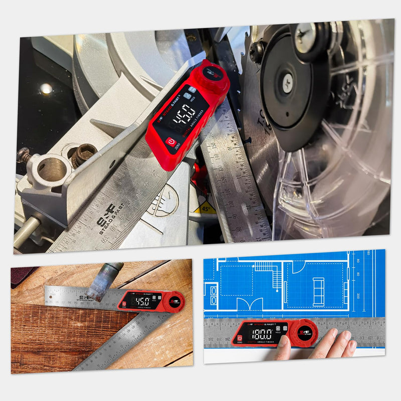 S&F STEAD & FAST Digital Angle Finder with Miter Button, 7 Inch / 200 mm | Secure lock knob, XL LED Display, Stainless steel arms, High-precision, Versatile protractor, for Miter saw & Crown molding Red