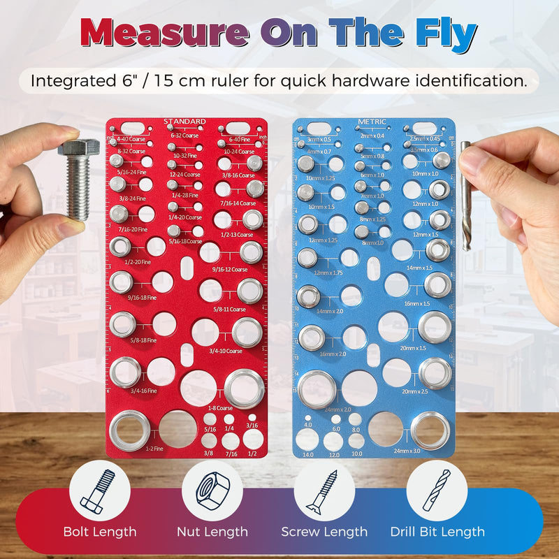 62-Piece Nut and Bolt Thread Checker - 25 Inch & 25 Metric Thread Gauges + 12 Drill Bit Sizers, Heavy-Duty Aluminum & Steel Bolt Size Finder, High-Precision Screw Identifier Tool (Red & Blue)