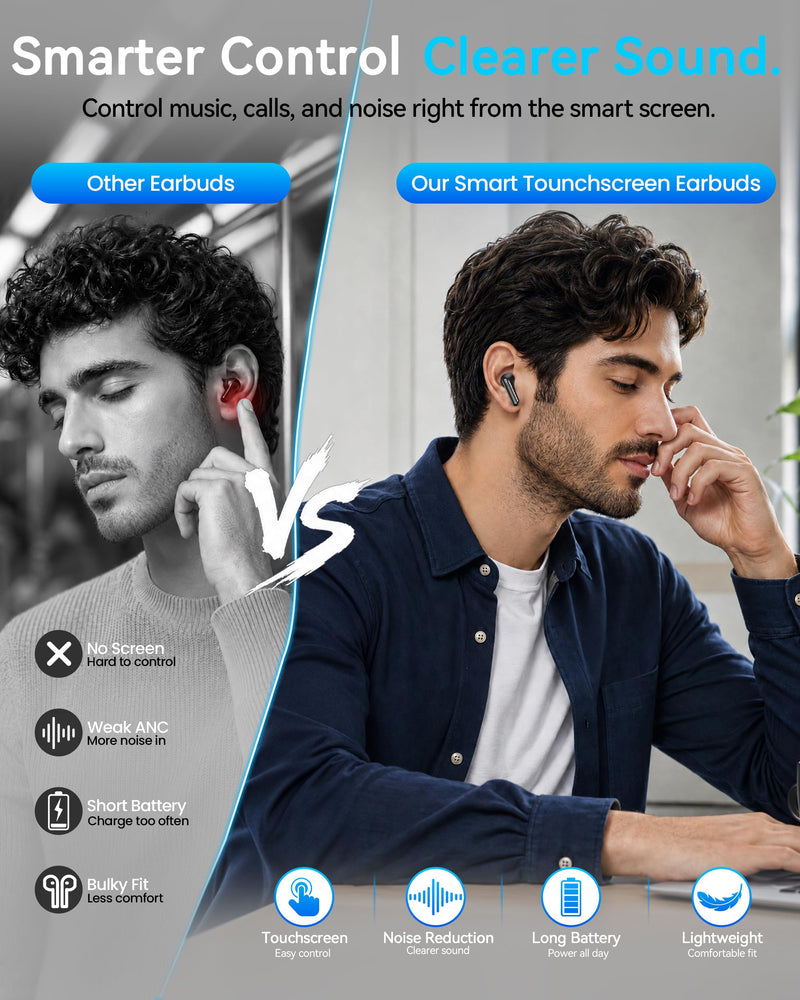Wireless Earbuds with Smart Touchscreen Case, Bluetooth 6.0 Ear Buds with AI Noise Cancelling Calls, 40H Playtime Stereo Headphones, IPX7 Waterproof Earbuds for Workout, Travel, iPhone, Android, Black