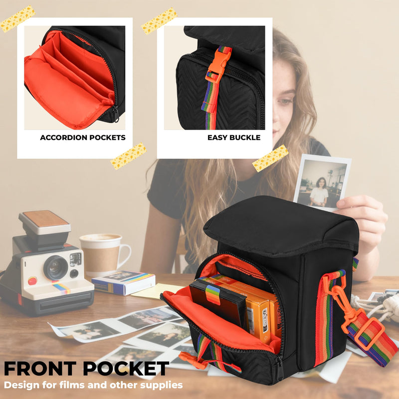 Camera Case for Polaroid Now 3rd/2nd Gen with Photo Display Window | Instant Camera Sling Bag with Clear Display Window, Quilted Front Pocket, 8mm Padding, Top Handle and Adjustable Strap, Black